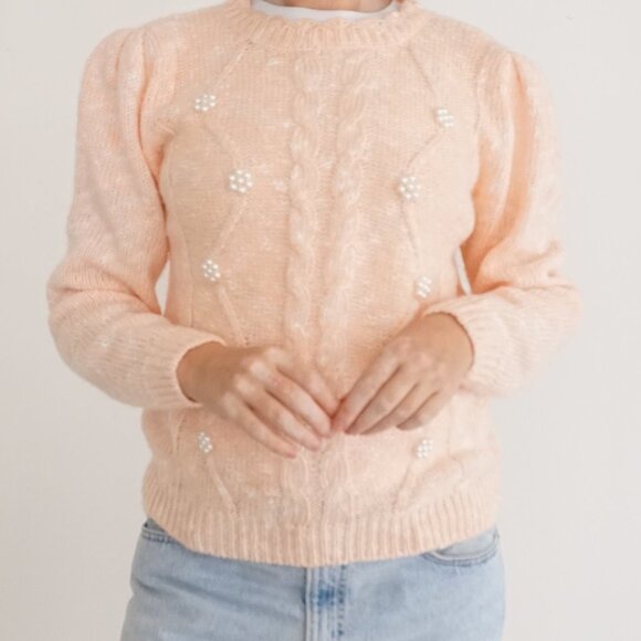 Vintage Spice Of Life Peach Knit w Beaded Pearls Cable Knit Sweater L - Picture 2 of 11